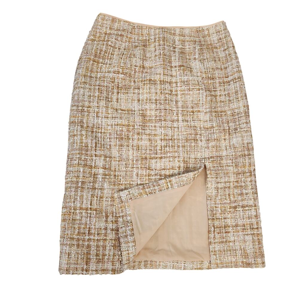 Boston Proper Tweed Sequin Metallic Mid Length Pencil Skirt Gold Tan 2